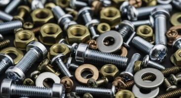 Close up of a large pile of assorted metal fasteners including bolts, nuts, washers, and screws photo