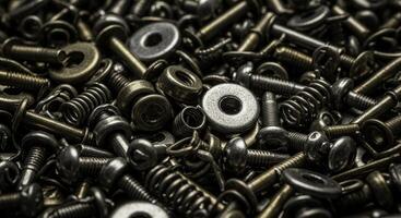 Close up of various metal screws, washers, nuts, and springs in a dense pile photo