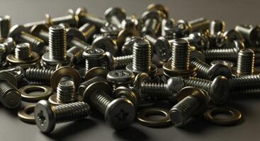 Detailed macro photograph of a dense cluster of assorted zinc plated steel screws and golden washers photo