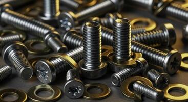 Assorted shiny metal screws and golden washers scattered on a surface photo