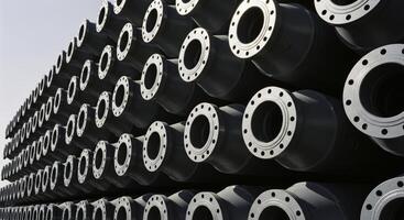 Industrial stack of black drilling risers with metal flanges for offshore operations photo