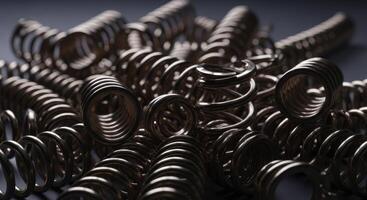 Pile of shiny metallic coiled springs close up photo