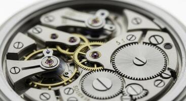 Detailed macro view of intricate mechanical watch movement with gears, cogs, and jewels photo
