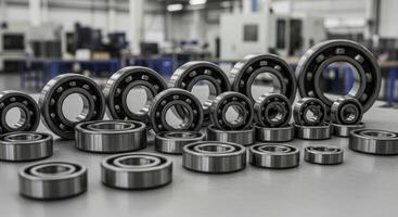 Precision polished steel ball bearings of various sizes in an industrial setting photo
