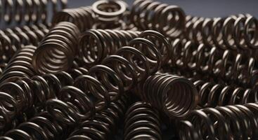 Detailed close up of a heap of glossy metallic coiled springs, industrial parts photo