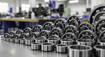 Close up of shiny metal ball bearings of various sizes on a table in a manufacturing facility photo