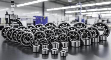 Collection of polished steel ball bearings in a precision manufacturing facility photo