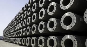 Large stack of industrial drilling risers with metal flanges for offshore oil and gas operations photo