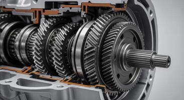 Detailed cross section of a modern automotive manual transmission with visible gears photo