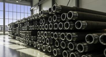 Large stack of industrial drilling pipes with shiny metal connections in a warehouse photo