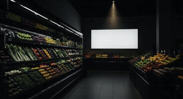 Dramatic high contrast grocery store aisle with fresh produce and blank advertising screen photo