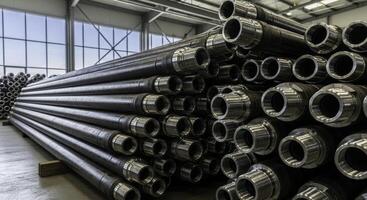 Industrial warehouse with a massive stack of new oil and gas drilling pipe photo