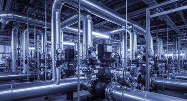 Complex network of large insulated steel pipelines and industrial valves inside a modern factory facility photo