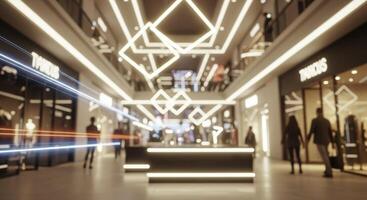Futuristic shopping mall interior with glowing geometric light installations photo