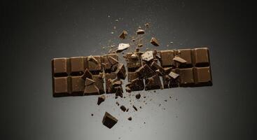 Dynamic high speed shot of a milk chocolate bar breaking into pieces photo