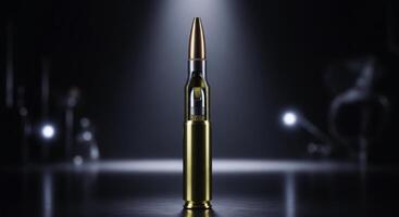Dramatic close up of a dissected rifle cartridge revealing internal components photo