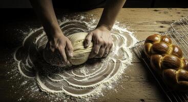 Overhead view of baker hands kneading dough on wooden table with flour and freshly baked challah bread photo