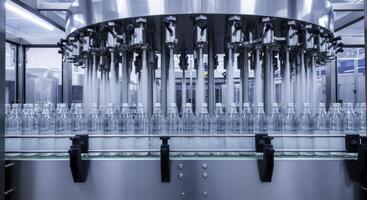 High speed automated bottling line filling clear glass bottles in a modern beverage factory photo