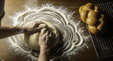 Hands kneading dough for baking fresh bread on a floured wooden table photo
