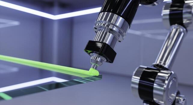 Precision robotic arm applying glowing green material onto a glass surface in a futuristic lab photo