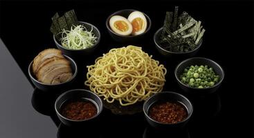 Deconstructed ramen ingredients with noodles, pork, egg, and green onions on black photo