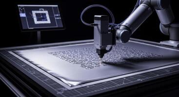 Advanced robotic arm precisely cutting intricate patterns into metallic sheet photo