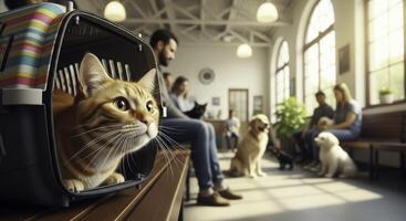 Curious ginger cat in pet carrier at veterinary clinic waiting room photo