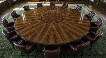 Large circular polished mahogany wood meeting table with intricate design and chairs photo
