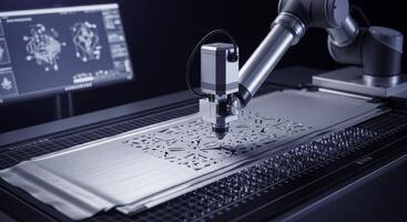 Robotic arm precisely cutting intricate patterns into shimmering metallic fabric in a modern industrial setting photo