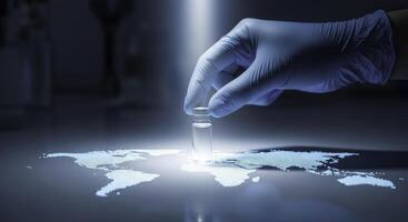 Gloved hand places vaccine vial on glowing world map for global health photo