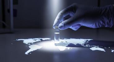 A gloved hand places a vaccine vial onto a glowing world map, symbolizing global health and research. photo
