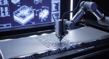 Robotic arm precisely cutting intricate patterns into shimmering metallic fabric photo