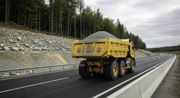Large yellow dump truck loaded with gravel driving on a modern asphalt highway under construction photo