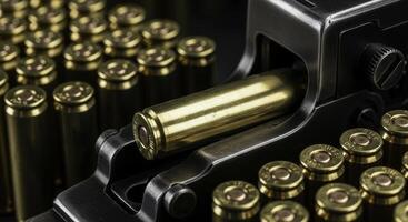 Close up of a brass machine gun cartridge being loaded into a firearm photo