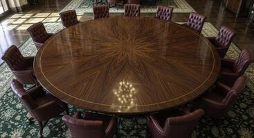 Large circular polished dark wood meeting table with leather chairs in boardroom photo