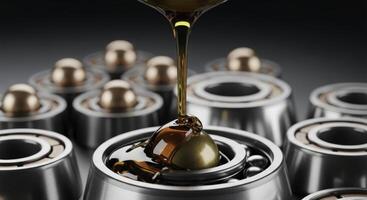 Golden viscous engine oil pouring onto a shiny metal ball bearing photo