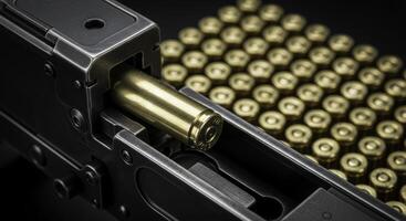 High detail close up of a machine gun chamber loading a brass bullet with ammunition. photo