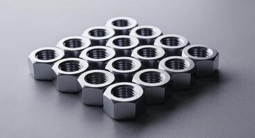 Shiny metal hexagonal nuts arranged in a geometric pattern on gray background photo