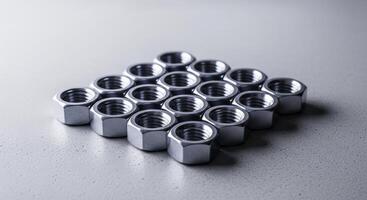 Shiny metal hexagonal nuts neatly arranged in a pattern on a light surface photo