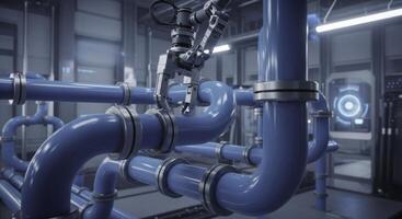 Robotic arm maintaining intricate blue pipes in a futuristic industrial facility photo
