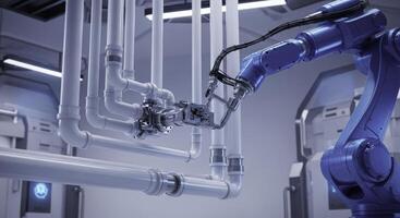 Advanced robotic arm performing maintenance on intricate pipe network in modern industrial facility photo