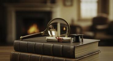 Symbolic still life of academic achievement, magnifying glass, diploma, and graduation cap on antique books photo