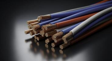 Bundle of colorful electrical wires with exposed copper strands photo