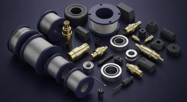 Detailed collection of industrial precision components, wire spools, brass fittings, and bearings photo