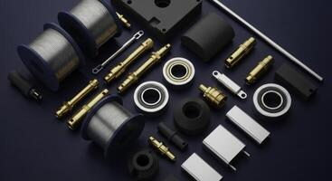 Assortment of precision electronic and mechanical components for industrial engineering and technology photo