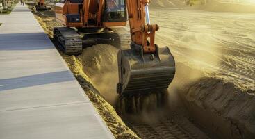 Vibrant orange excavator digging deep trench in sandy soil next to concrete path at construction site photo