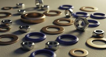 Close up of various copper metal washers, chrome nuts, and blue rubber seals scattered photo