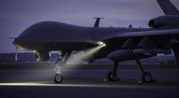 Modern military drone on airfield at dusk with landing lights on photo