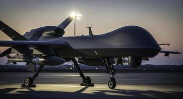 Advanced military drone with missiles on airfield at twilight photo