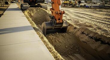 Vibrant orange excavator bucket digging a deep trench in sandy soil next to a concrete sidewalk at a construction site. photo